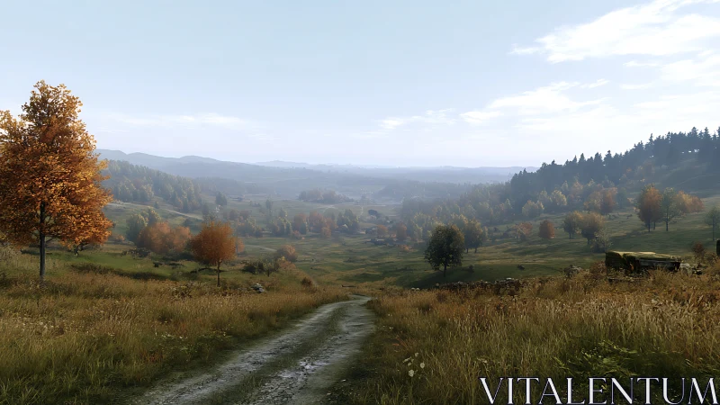 Autumn countryside valley with dirt track and distant hills