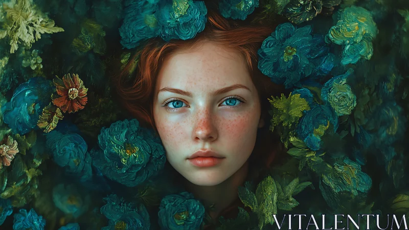 Dreamy redhead muse resting in a sea of teal blooms.