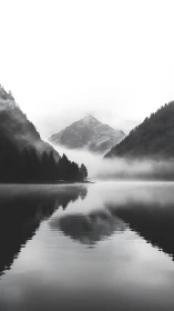 Silent alpine peak mirrored in misty monochrome lake.
