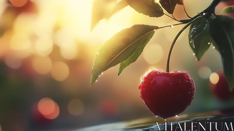 Sunlit heart-shaped cherry glowing in gentle morning dew.