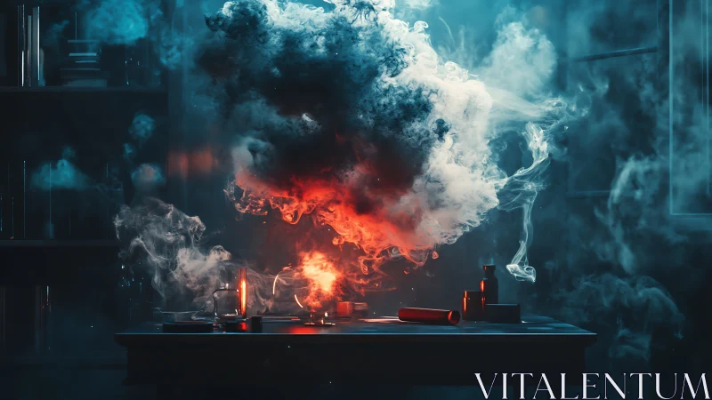 Midnight alchemist desk swirling with curious colored smoke.