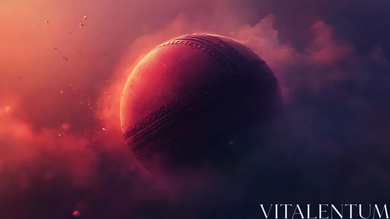 Cricket ball glows in dramatic sunset misty clouds.