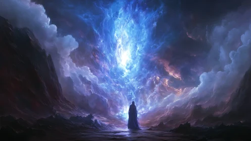 Shrouded figure before cosmic blue rift in stormy void.