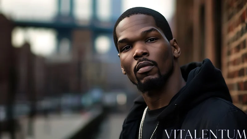 City-edge portrait under steel bridges and soft twilight.