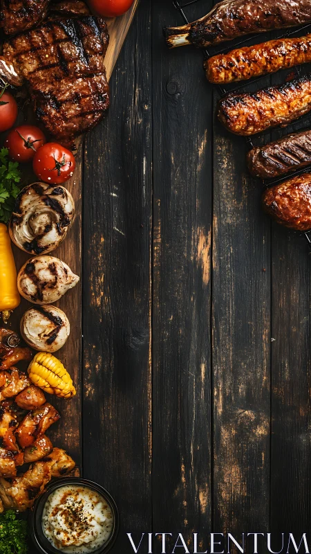 Grilled meats and vegetables border dark wooden background