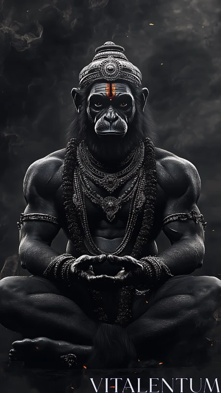 Simian ascetic avatar in meditative symmetric frontal pose.