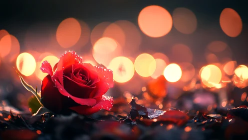 Luminous Red Rose with Bokeh Backdrop and Water Droplets.