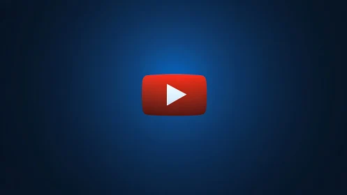 Red play button icon glows over deep radial blue field.