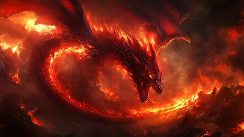 Infernal serpentine dragon coils through volcanic firestorm