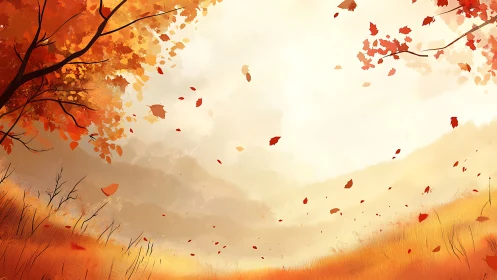 Golden autumn hillside drifts gently into a warm, hazy sky