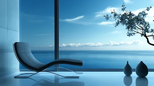 Seaside serenity lounge basking in glassy blue daylight calm.