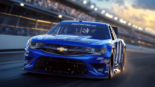 Blue stock racing car moves along banked speedway curve