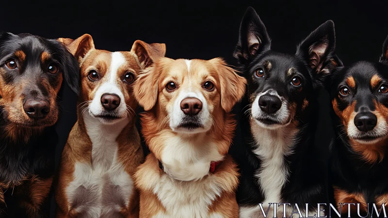 Symmetrical canine portrait array under controlled studio lighting.