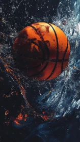 Basketball in dynamic water splash against dark backdrop.