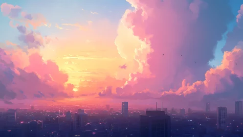 Soft sunset clouds glowing gently above a quiet city.