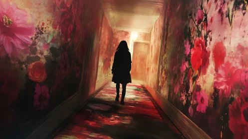 Silhouetted woman walking down vivid floral hallway.
