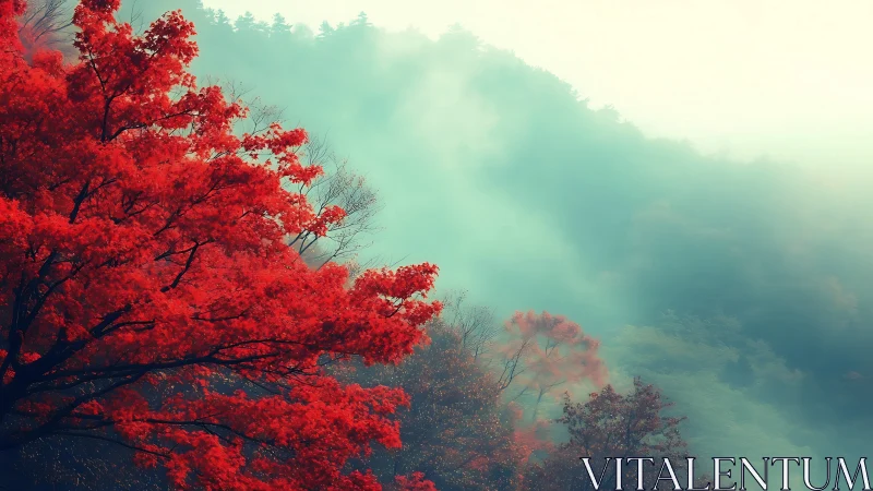 Red autumn tree against soft misty forest hillside.