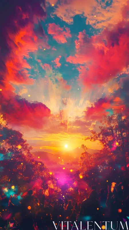 Sunset over valley with silhouetted crowd and dense color haze