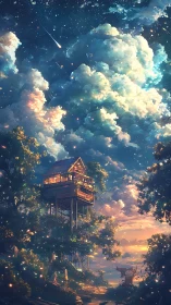 Elevated wooden treehouse cuts into a luminous cloudscape sky