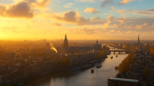 Urban river landscape under low sun with distant skyline.