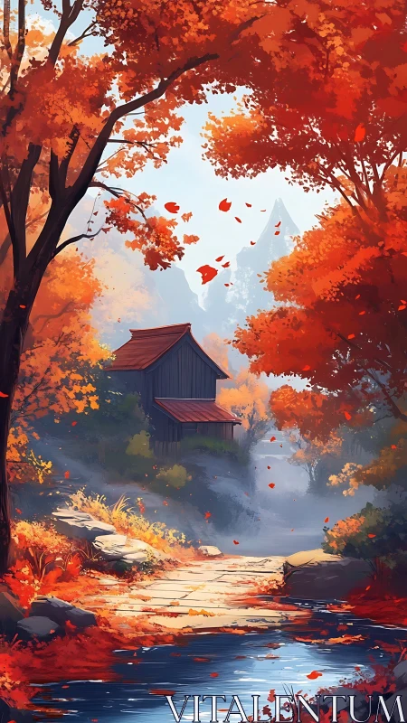 Autumn forest stream frames secluded cabin under misty peak