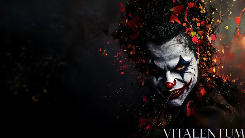 Sinister clown portrait explodes into fiery shards