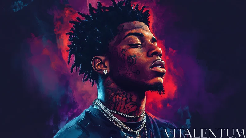 Neon-lit rap dreamer adrift in crimson violet smoke.