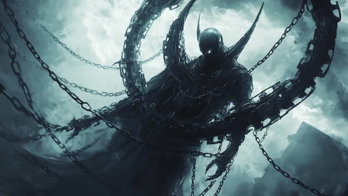 Digital painting of chained void entity in stormed monochrome field.