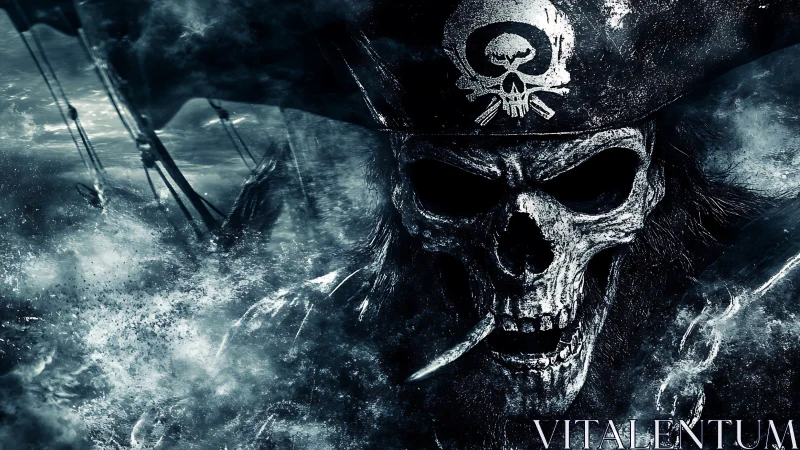 Digital painting of spectral pirate skull amid storm-torn sea.