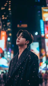 Stylized portrait of young person in neon city at night.