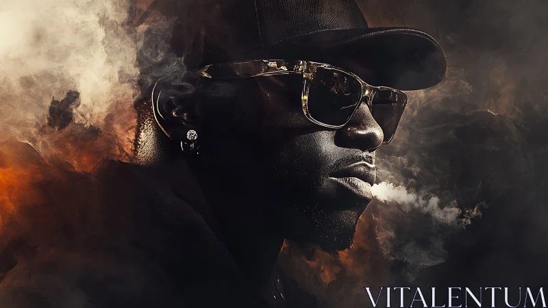 Moody smoke and city-light glow around a calm cool gaze.