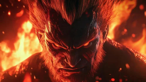 Fiery demon warrior close-up amid intense orange flames.