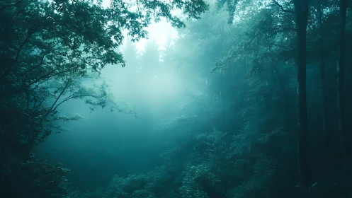 Misty Forest Canopy Bathed in Ethereal Teal Light.