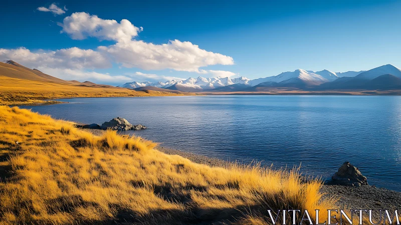 Golden lakeshore with snowcapped mountain range at sunrise.