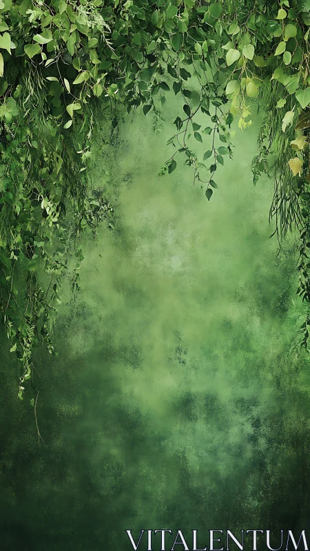 Cascading green foliage suspended above textured wall surface.