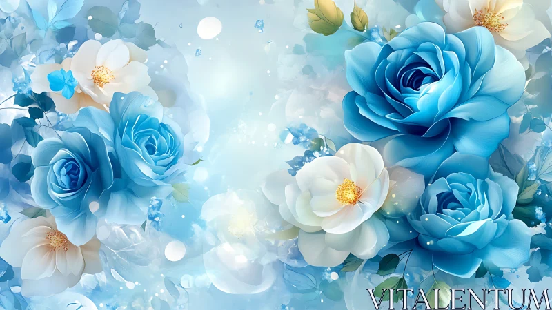 Digital Floral Composition: Blue and White Roses with Ethereal Light Effects.