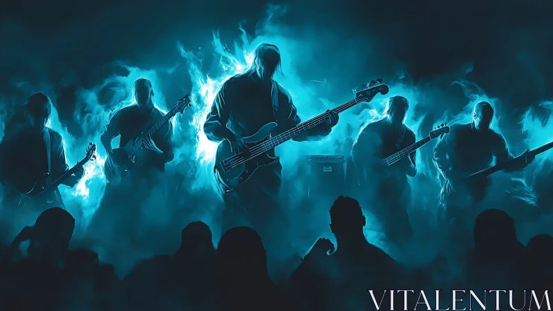 Electric rock band onstage in blue smoke filled concert scene.