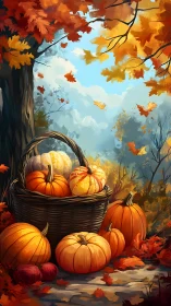 Basket of pumpkins in wooded autumn landscape setting.
