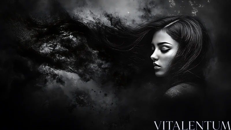 Dark ethereal portrait merges woman with dissolving void.