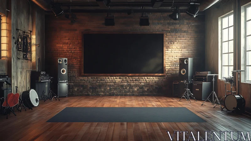 Industrial rehearsal studio with large screen and drums.