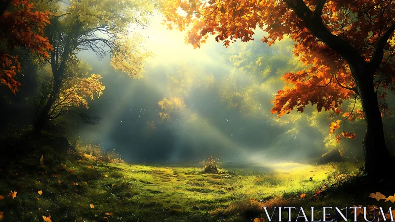 Autumnal Forest Canopy with Crepuscular Light Rays. Golden Hour Illumination
