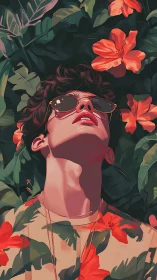 Figure in sunglasses amid large tropical leaves and flowers.