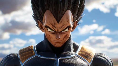 Battle-hardened anime warrior under intense desert sky.