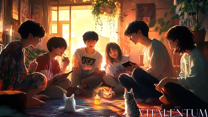 Soft evening stories with friends, sunlight, and small cats.