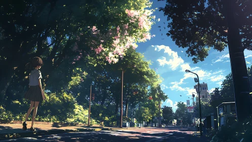 Summer street scene with schoolgirl under glowing trees.