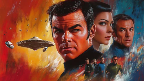 Stylized space crew portrait integrates vessels and nebulae