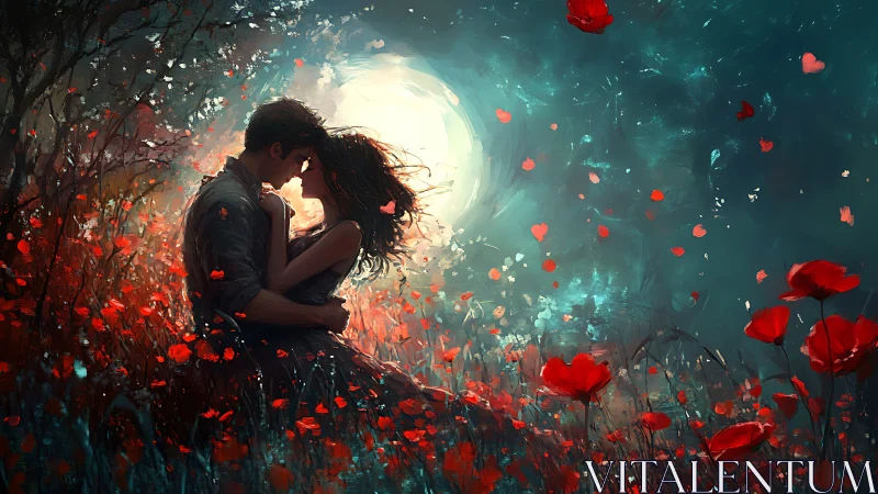 Moonlit Embrace: Two Hearts Dance Through Crimson Petals
