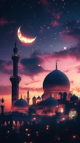 Mosque skyline under crescent moon at luminous twilight.