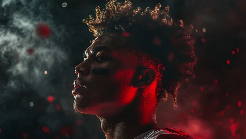 Haloed under stadium smoke, a young warrior of floodlit grit.