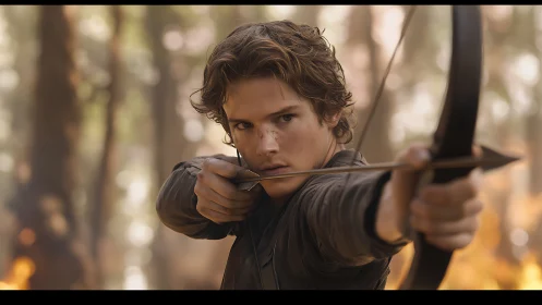 Teen archer drawing recurve bow in shallow depth forest scene